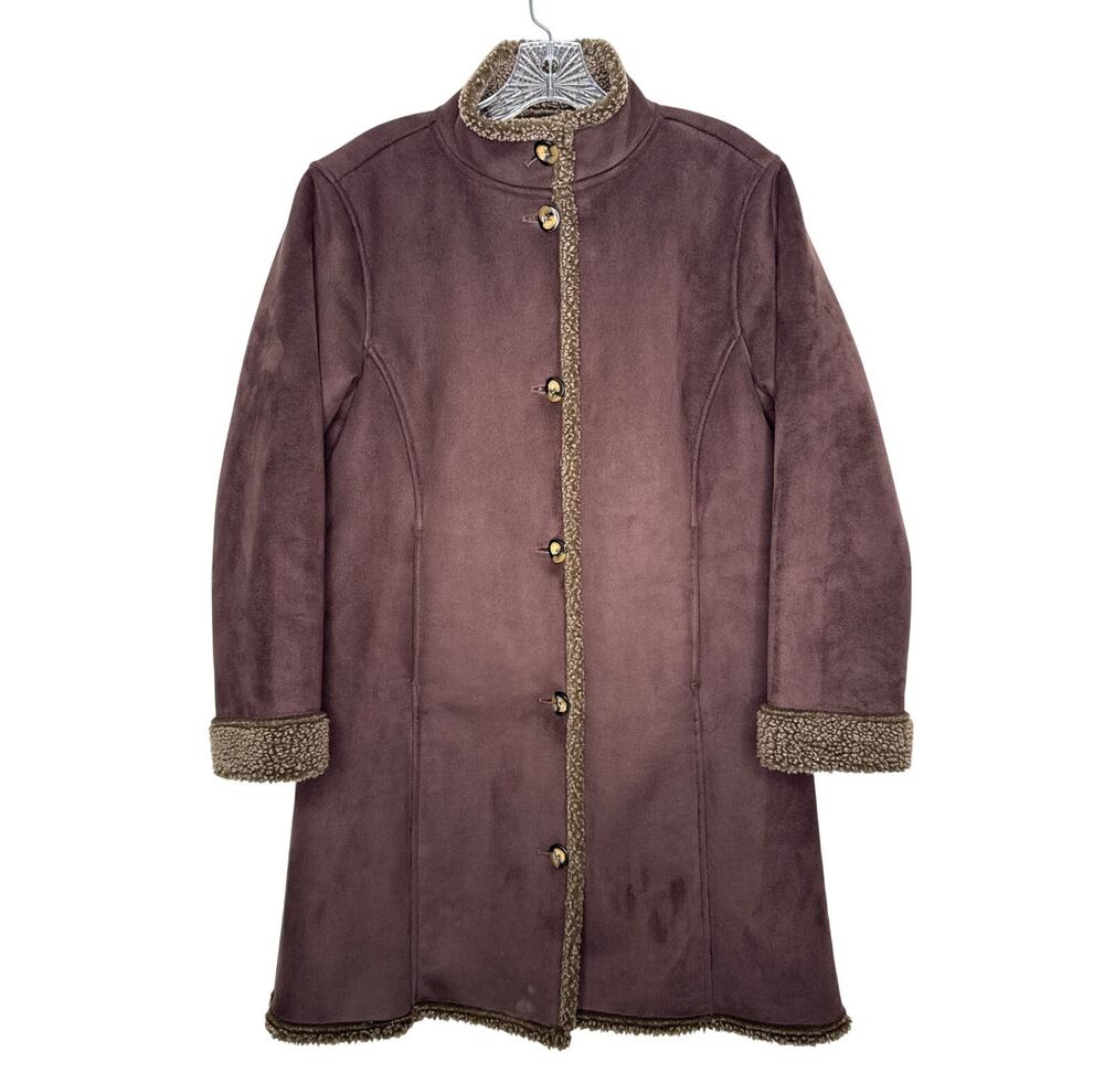 Vintage L.L. Bean Faux Shearling Suede Coat Brown Sherpa Lined XS Petite